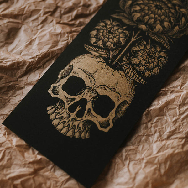 Metallic gold skull and flowers screen print