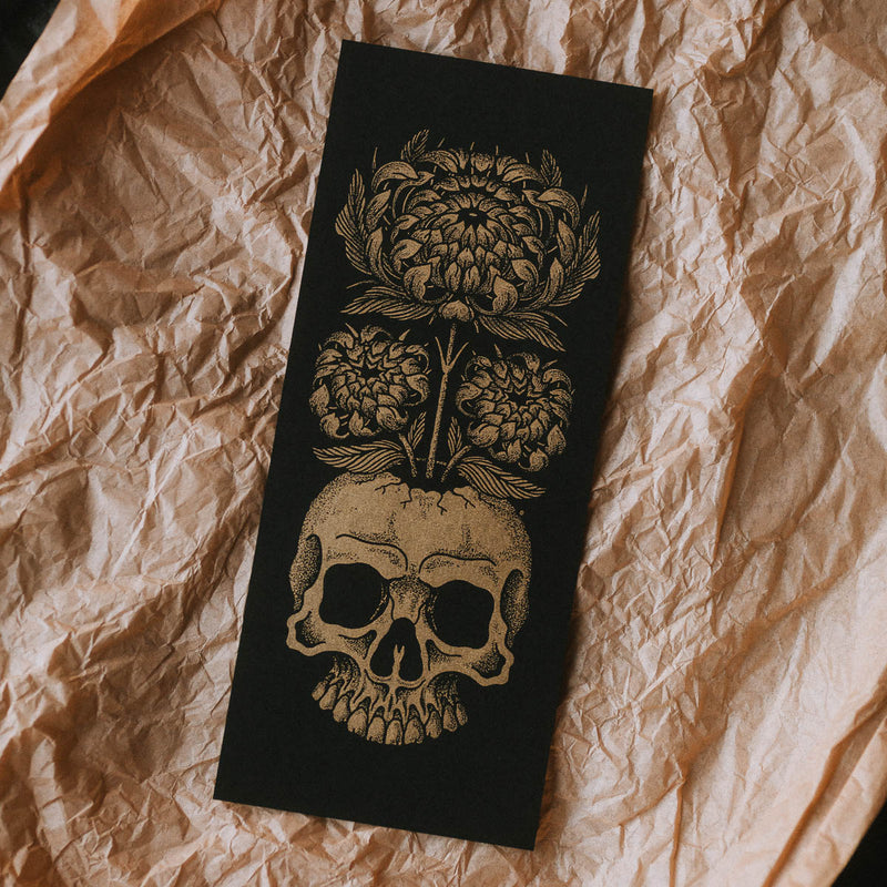 Metallic gold skull and flowers screen print