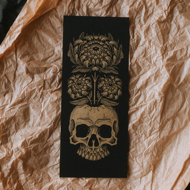 Metallic gold skull and flowers screen print